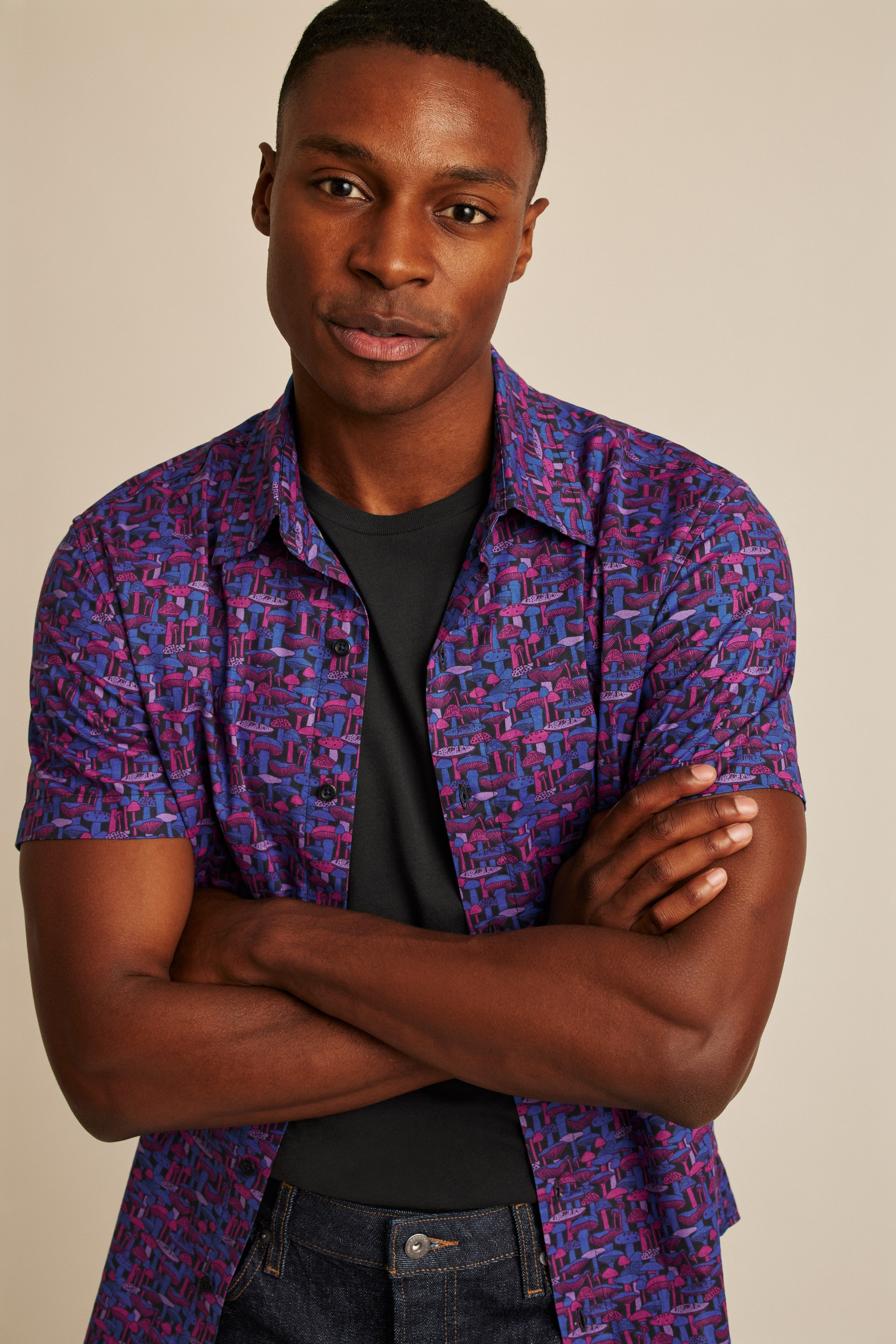 Wholesale,Bonobos, Bonobos Navy/Pink Mushroom Print Stretch Short Sleeve Button Up Shirt, Blue, Extra Large-50-TagXXLExtra Large-48-TagXLMedium-42-TagMSmall-39-TagS