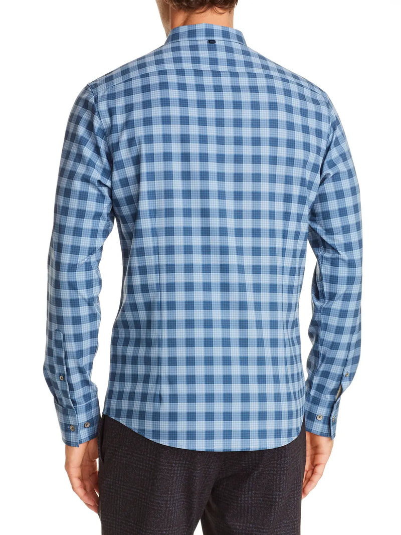 W.R.K Blue Gingham Check Print 4-Way Stretch Performance Long Sleeve Button Up Shirt