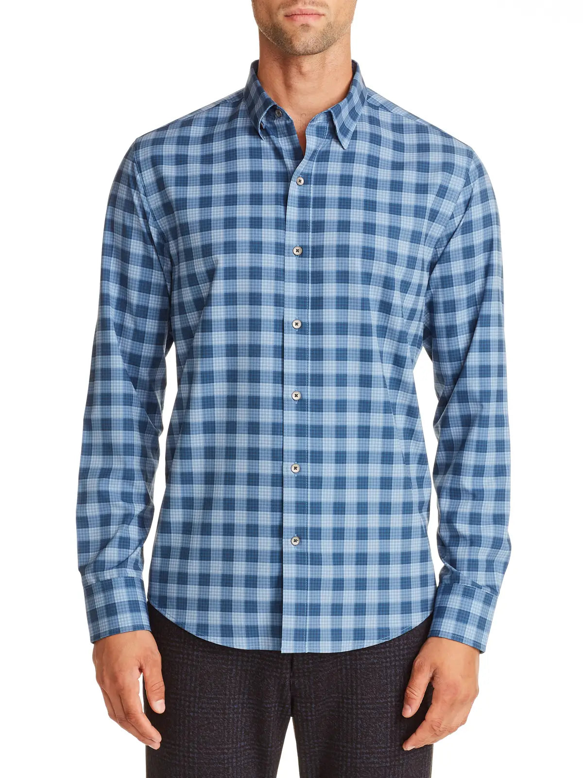 Faire,W.R.K., W.R.K Blue Gingham Check Print 4-Way Stretch Performance Long Sleeve Button Up Shirt, Blue, Extra Large-49-TagXXL