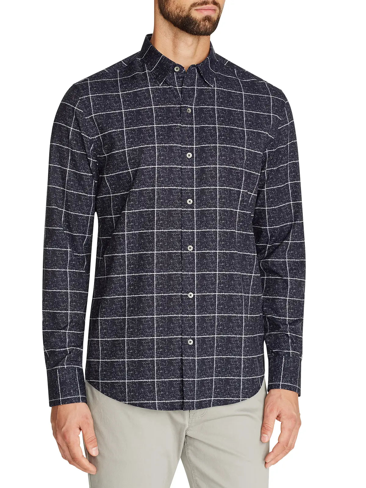 Faire,W.R.K., W.R.K Navy Window Pane Print 4-Way Stretch Long Sleeve Button Up Shirt, Blue, Extra Large-48-TagXXL