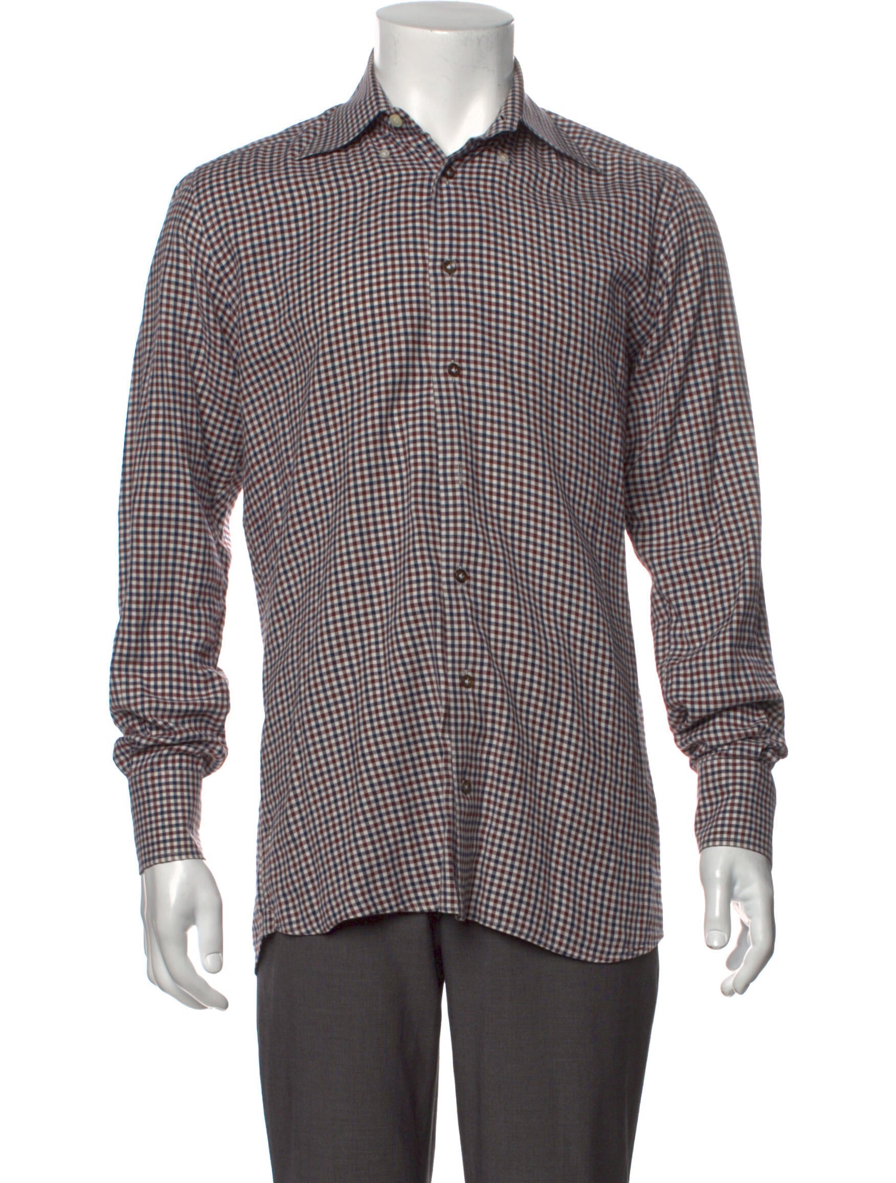 The Real Real,Suitsupply, Suitsupply Brown & Navy Plaid Print Long Sleeve Button Up Shirt, Red, Medium-43-TagM
