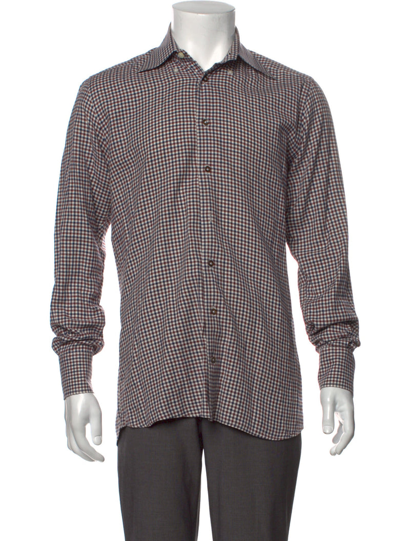 Suitsupply Brown & Navy Plaid Print Long Sleeve Button Up Shirt