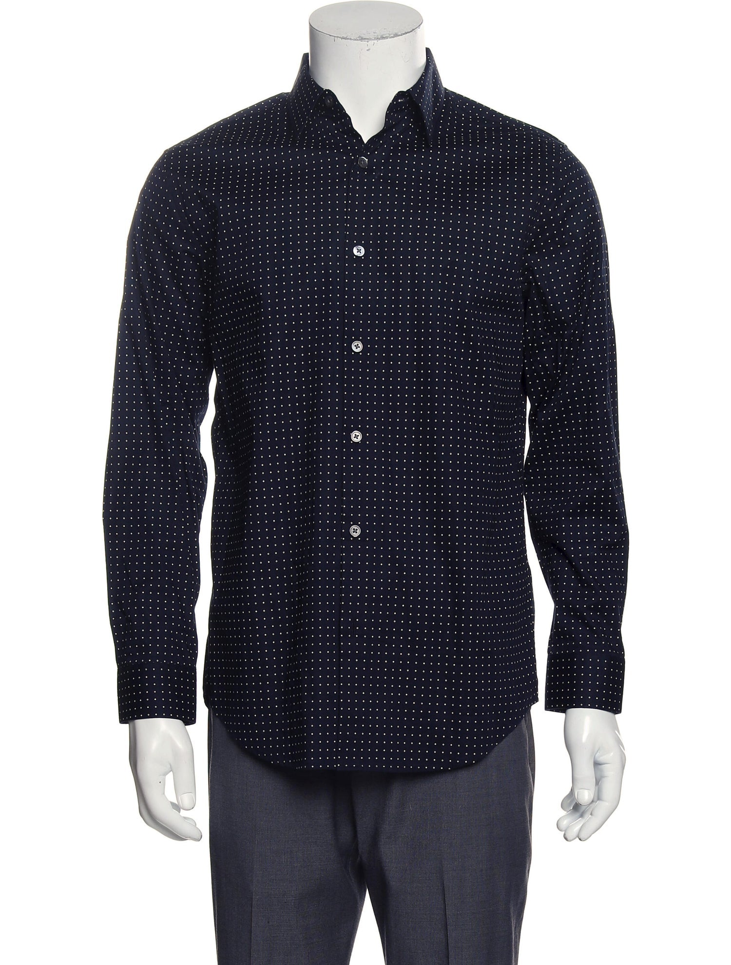 The RealReal,Theory, Theory Navy Circle Dot Print Stretch Button Up Shirt, Blue, Small-41-TagS