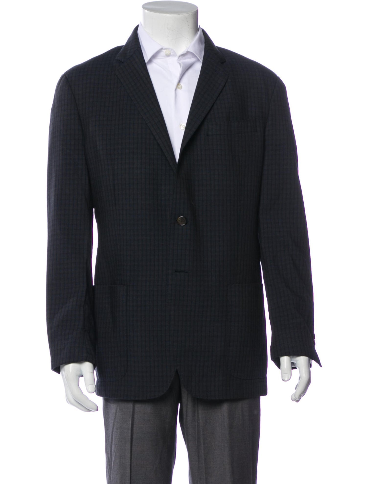 The Real Real,John Varvatos, John Varvatos Dark Blue Plaid Print Blazer, Black, Medium-42-TagM