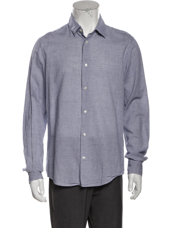 Vince Blue Mini Check Print Linen Blend Button Up Shirt