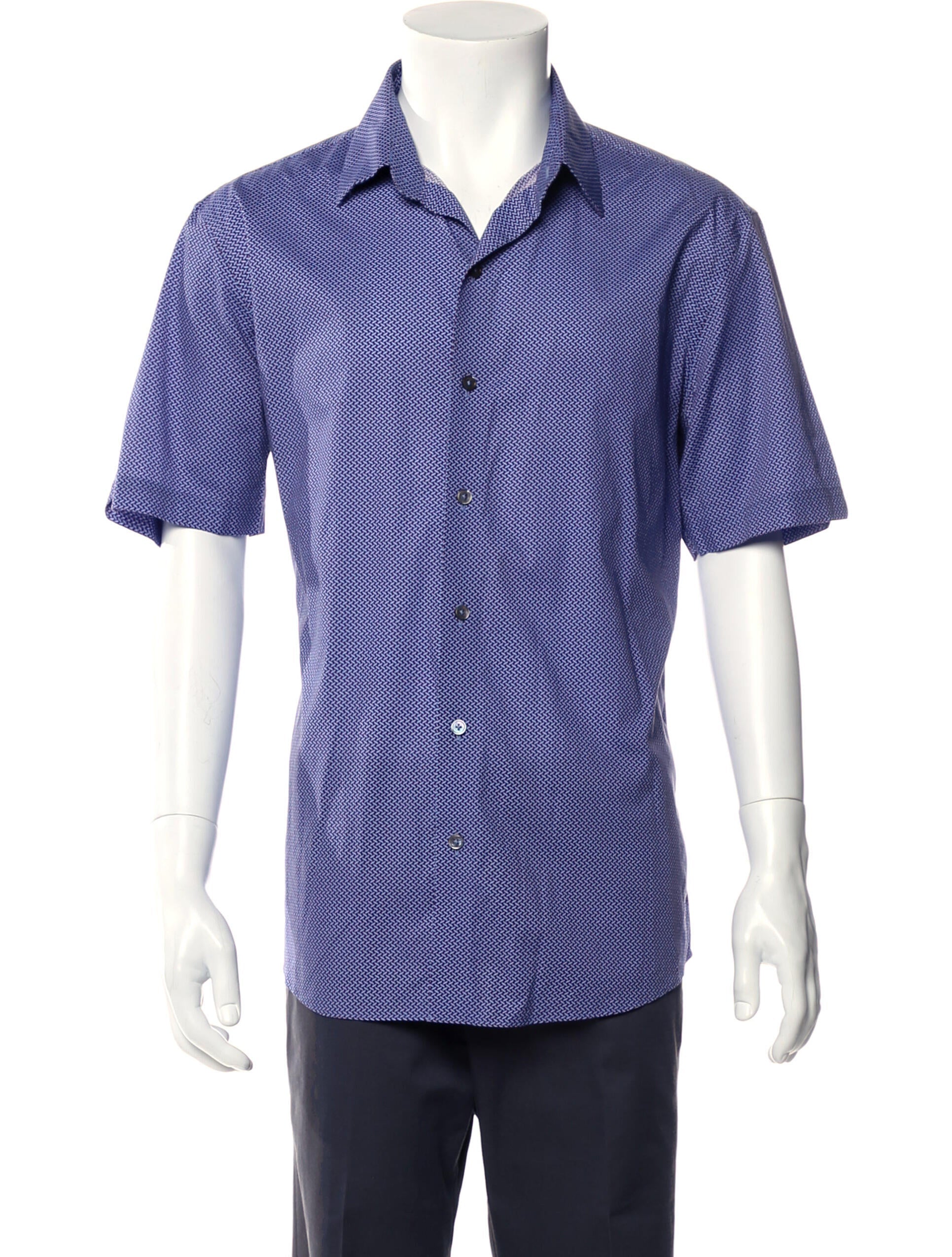 The RealReal, Zachary Prell Blue Mini Geo Print Stretch Short Sleeve Button Up Shirt, Blue, Large-46-TagL