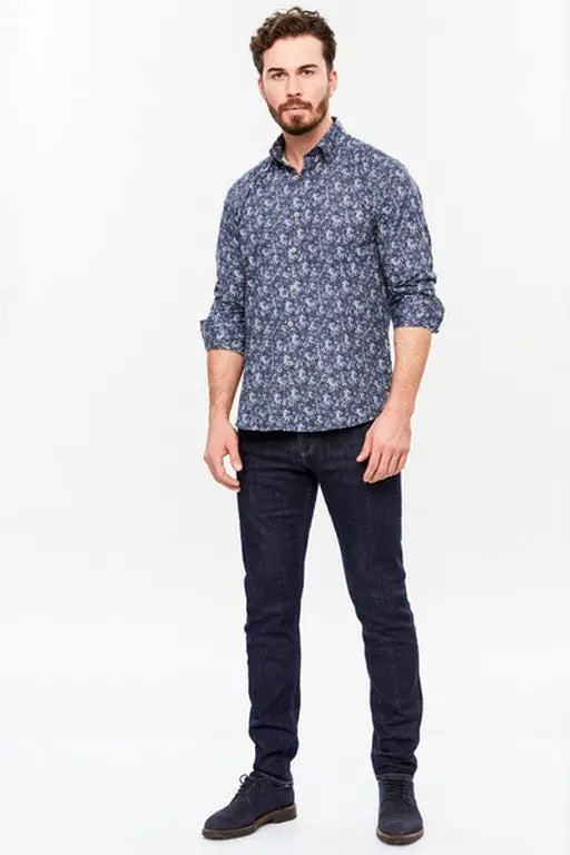 Faire,Web Blouse, Web Blouse Blue Abstract Print Button Up Dress Shirt, Blue, Large-46-TagL