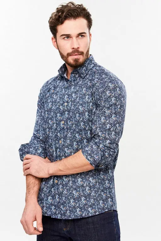 Faire,Web Blouse, Web Blouse Blue Abstract Print Button Up Dress Shirt, Blue, Large-45-TagL