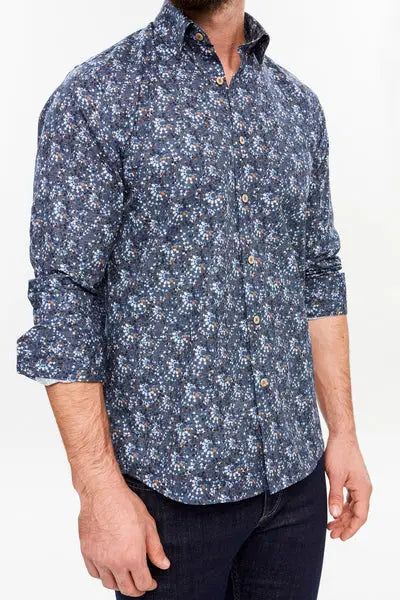 Faire,Web Blouse, Web Blouse Blue Abstract Print Button Up Dress Shirt, Blue, Large-45-TagL