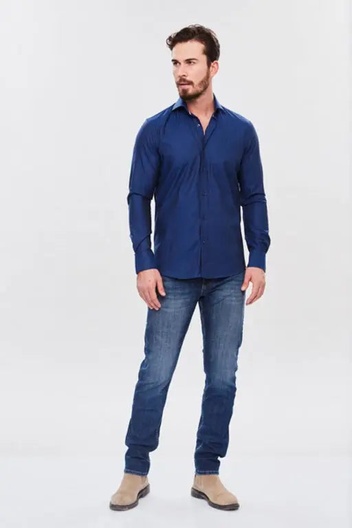 Faire,Web Blouse, Web Blouse Blue Button Up Dress Shirt With Cuff Detail, Blue, Large-46-TagL