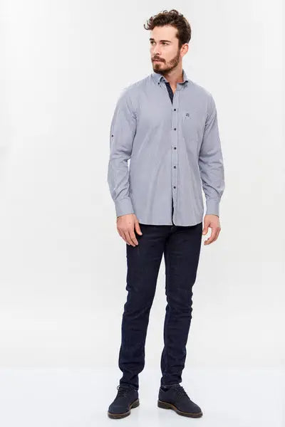 Faire,Web Blouse, Web Blouse Blue Micro Check Print Button Up Dress Shirt, Blue, Large-46-TagL