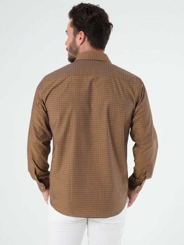 Web Blouse Brown Iridescent Grid Print Long Sleeve Button Up Shirt