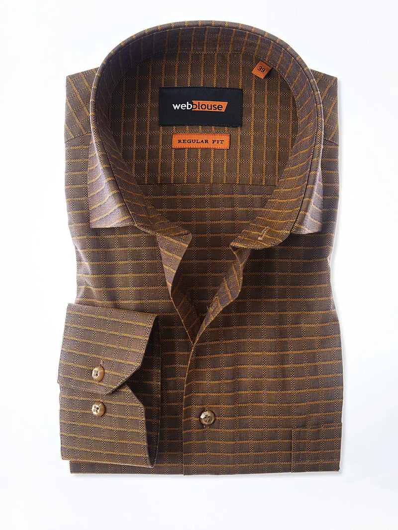 Web Blouse Brown Iridescent Grid Print Long Sleeve Button Up Shirt