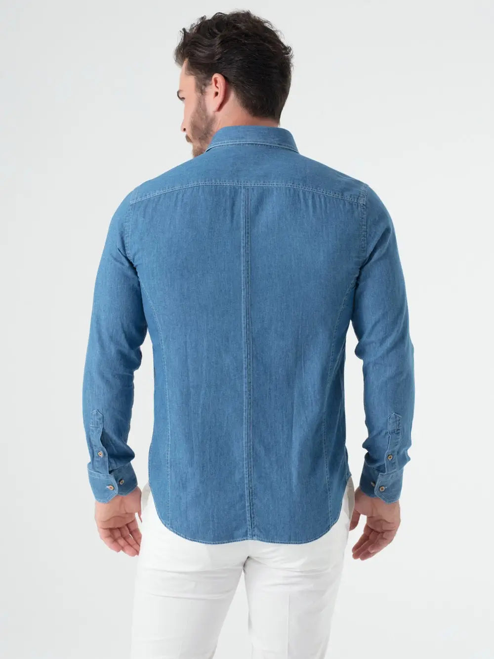 Faire,Web Blouse, Web Blouse Denim Contrast Buttons Slim Fit Button Up Shirt, Blue, Medium-43-TagM