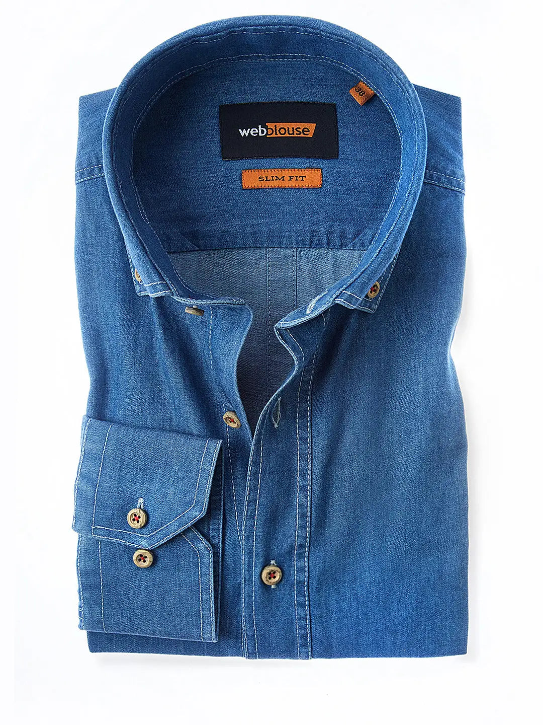 Faire,Web Blouse, Web Blouse Denim Contrast Buttons Slim Fit Button Up Shirt, Blue, Large-47-TagL