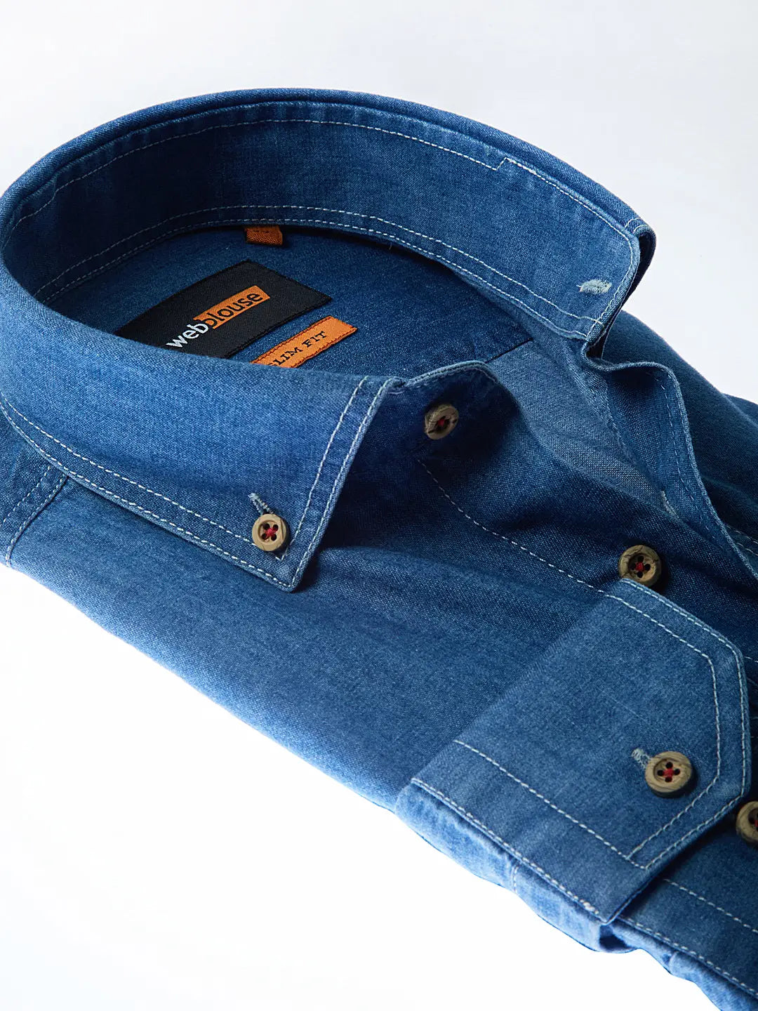 Faire,Web Blouse, Web Blouse Denim Contrast Buttons Slim Fit Button Up Shirt, Blue, Large-47-TagL