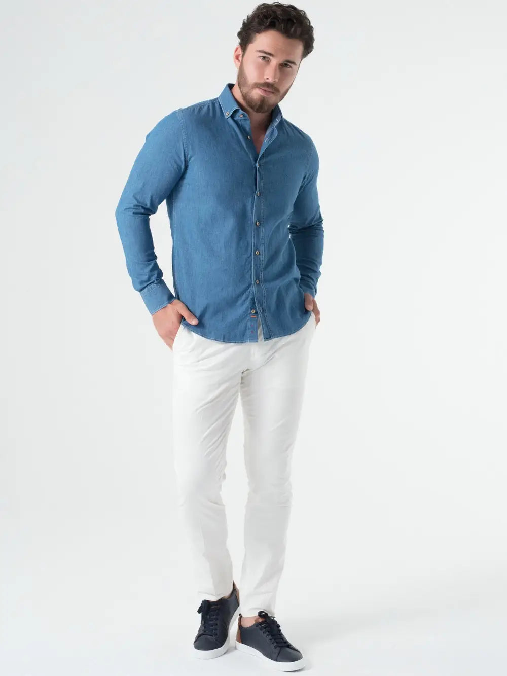 Faire,Web Blouse, Web Blouse Denim Contrast Buttons Slim Fit Button Up Shirt, Blue, Medium-43-TagM