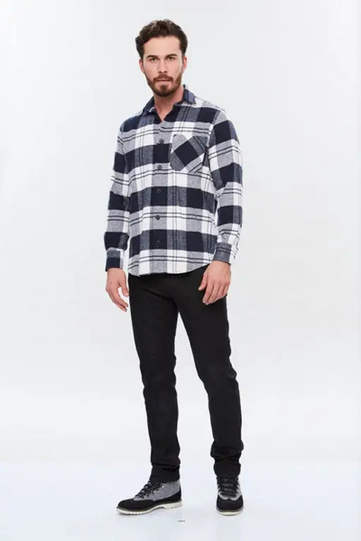 Faire,Web Blouse, Web Blouse Navy & White Plaid Print Flannel Overshirt, Blue, Large-45-TagL