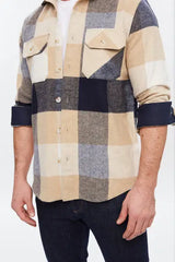 Web Blouse Tan & Navy Plaid Print Flannel Shirt Jacket