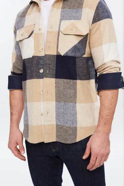 Faire,Web Blouse, Web Blouse Tan & Navy Plaid Print Flannel Shacket, Tan, Large-46-TagL