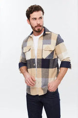Web Blouse Tan & Navy Plaid Print Flannel Shirt Jacket
