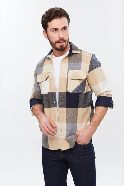 Faire,Web Blouse, Web Blouse Tan & Navy Plaid Print Flannel Shacket, Tan, Large-45-TagL