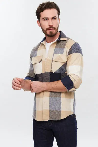 Faire,Web Blouse, Web Blouse Tan & Navy Plaid Print Flannel Shacket, Tan, Extra Large-48-TagXL
