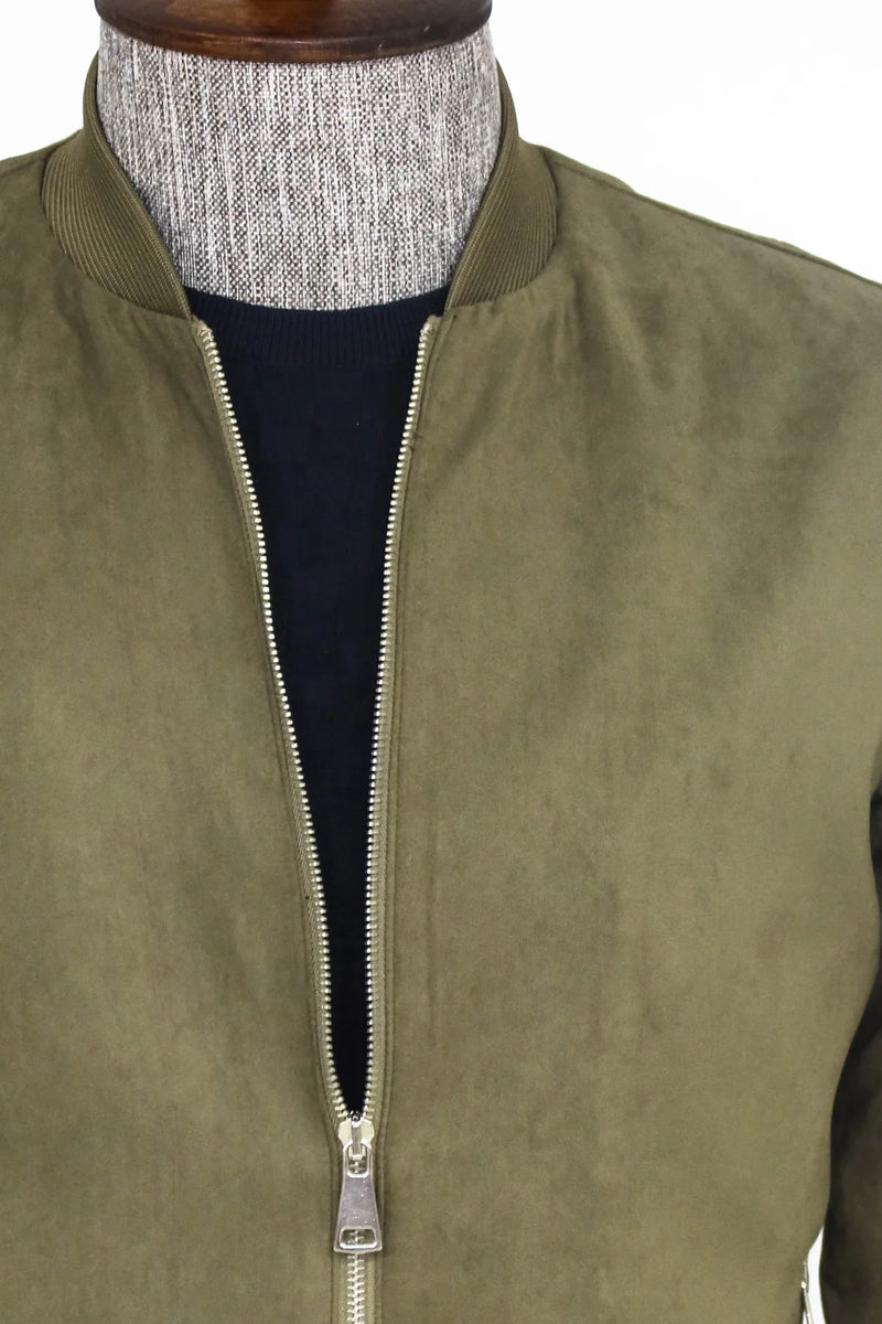 Weiss Green Faux Suede Zip Up Bomber Jacket