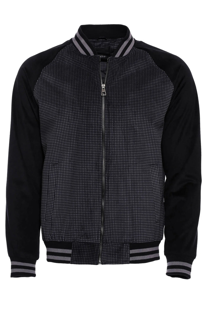 Wessi Black And Grey Grid Velvet Varsity Jacket