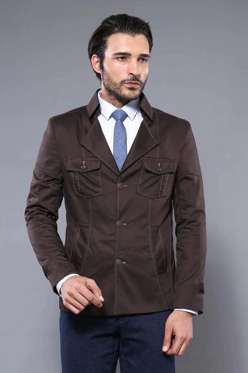 Wessi Brown Structured Shouldered Button Up Jacket With Four Front Pockets & Contrast Stitching