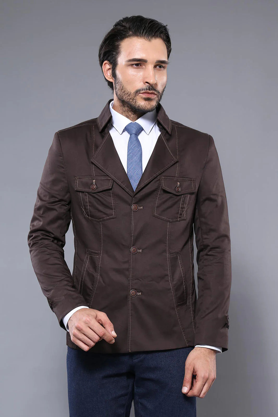 Clothing Supplier,Wessi, Wessi Brown Structured Shouldered Button Up Jacket With Four Front Pockets & Contrast Stitching, Brown, Medium-43-Tag52
