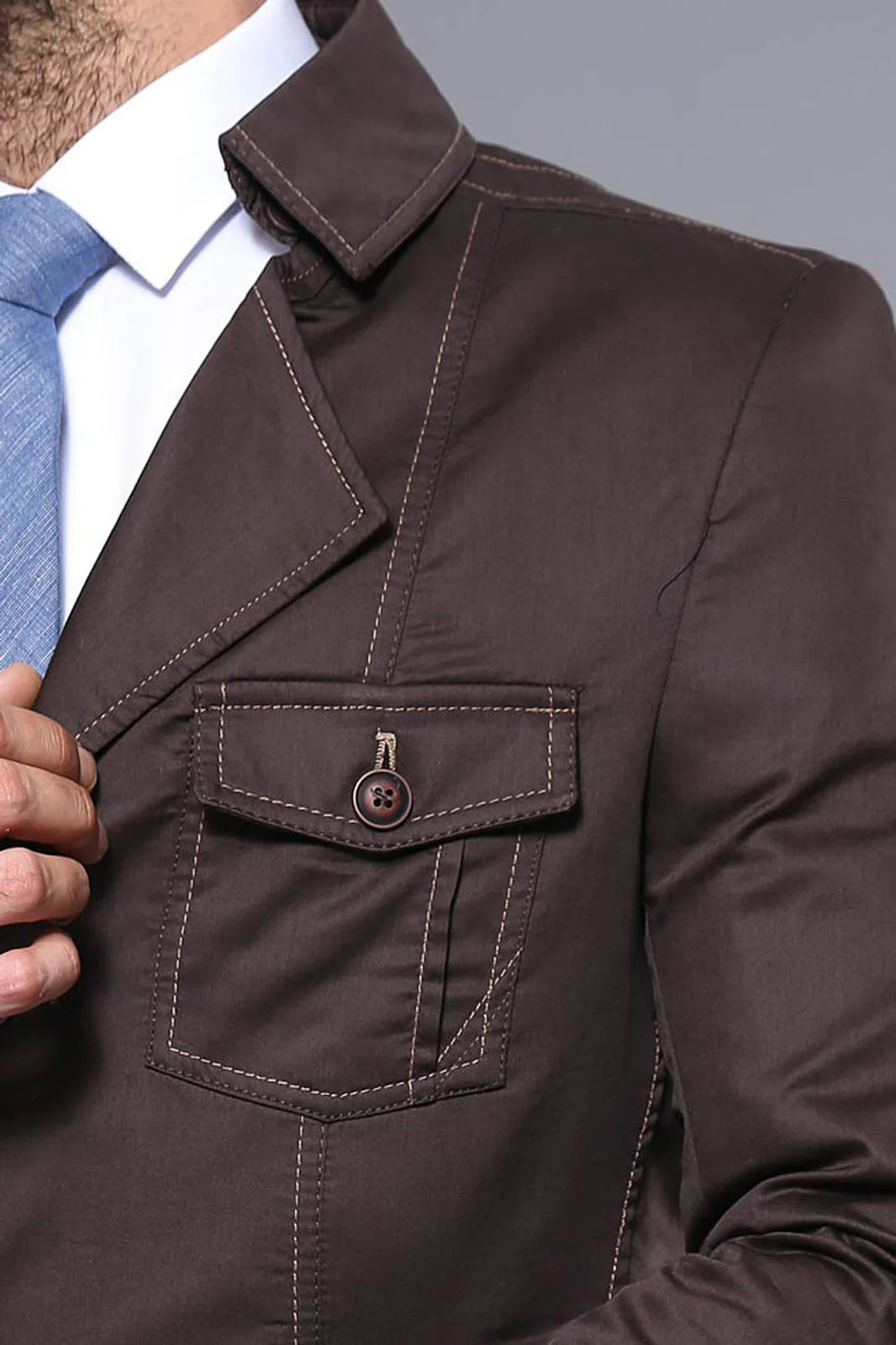 Clothing Supplier,Wessi, Wessi Brown Structured Shouldered Button Up Jacket With Four Front Pockets & Contrast Stitching, Brown, Medium-44-Tag54