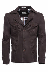 Wessi Brown Structured Shouldered Button Up Jacket With Four Front Pockets & Contrast Stitching