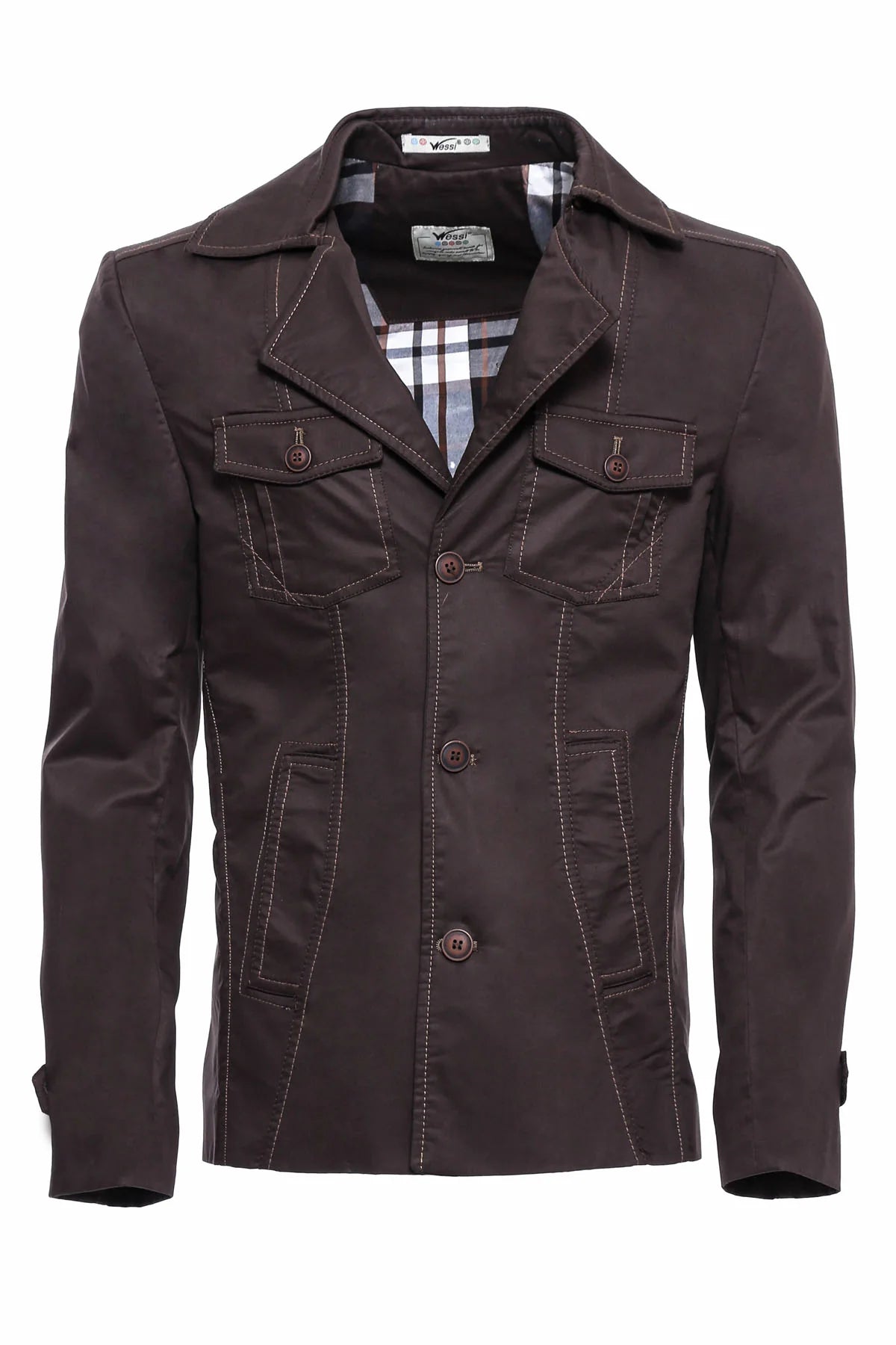 Clothing Supplier,Wessi, Wessi Brown Structured Shouldered Button Up Jacket With Four Front Pockets & Contrast Stitching, Brown, Medium-43-Tag52