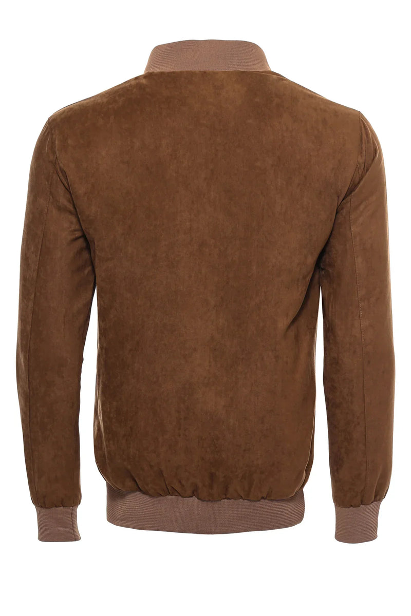 Wessi Caramel Brown Faux Suede Zip Up Bomber Jacket With Two Patch Pockets