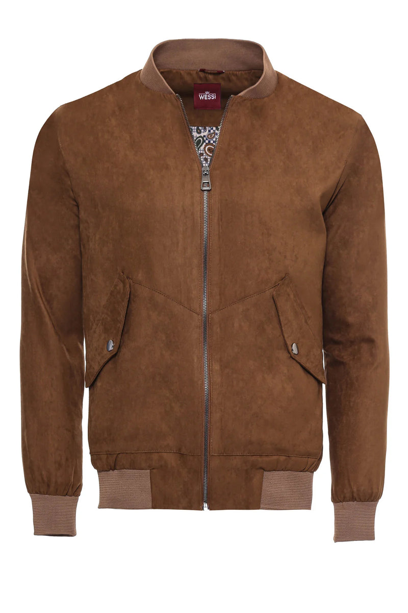 Wessi Caramel Brown Faux Suede Zip Up Bomber Jacket With Two Patch Pockets