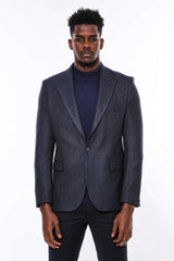 Wessi Navy Herringbone Blazer With Three Front Pockets