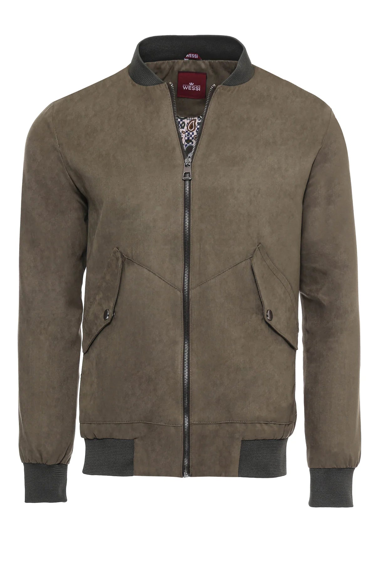 Clothing Supplier,Wessi, Wessi Olive Green Faux Suede Zip Up Bomber Jacket With Two Patch Pockets, Green, Large-46-Tag52