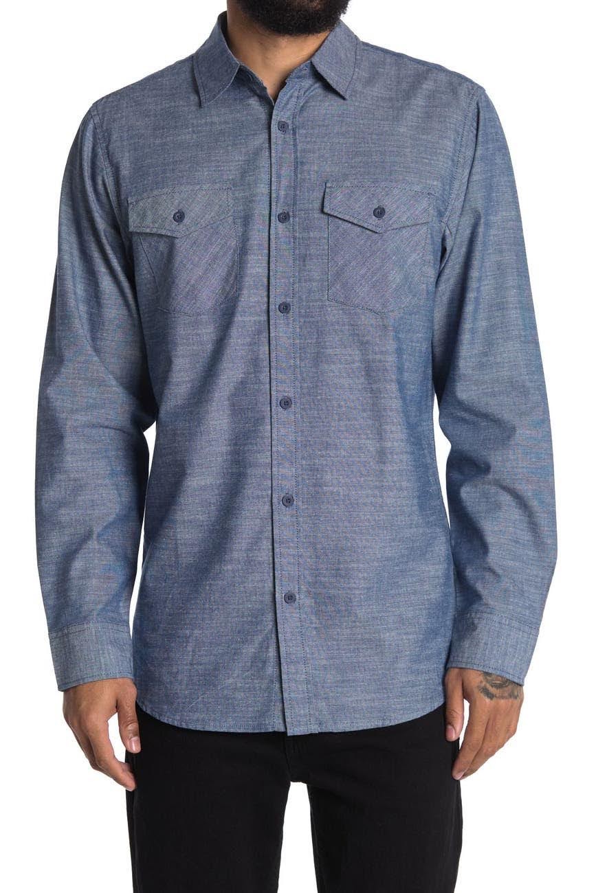 Nordstrom Rack, Burnside Blue Chambray Button Up Shirt, Blue, Medium-42-TagM