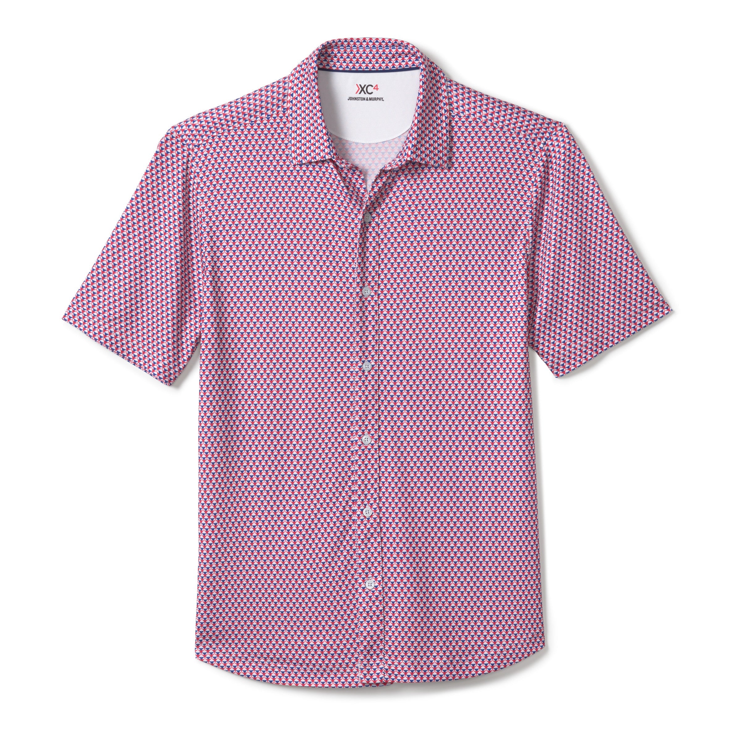 Wholesale,Johnston & Murphy, Johnston & Murphy Red & Blue Geo Print XC4 Short Sleeve Button Up Shirt, Red, Extra Large-49-TagXLLarge-45-TagLMedium-43-TagMSmall-39-TagSExtra Extra Large-53-TagXXL