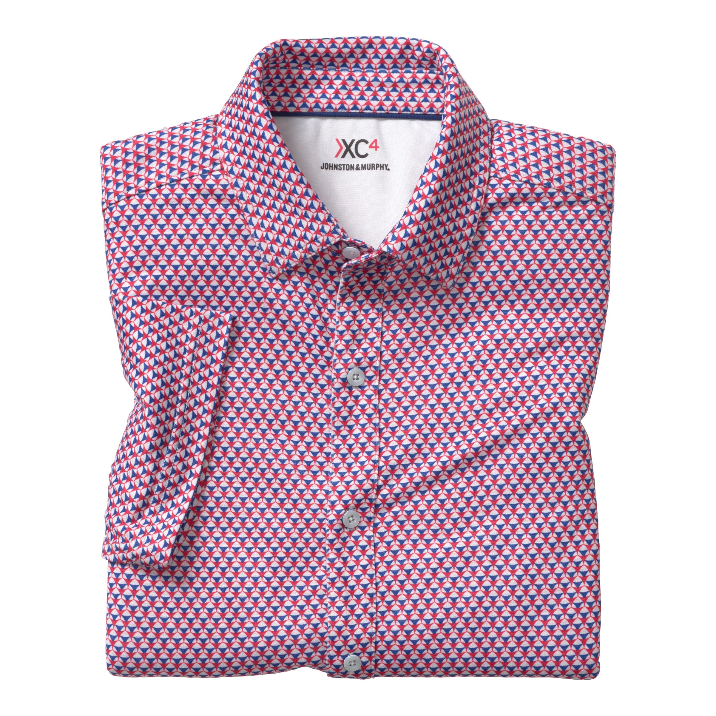 Wholesale,Johnston & Murphy, Johnston & Murphy Red & Blue Geo Print XC4 Short Sleeve Button Up Shirt, Red, Extra Large-49-TagXLLarge-45-TagLMedium-43-TagMSmall-39-TagSExtra Extra Large-53-TagXXL