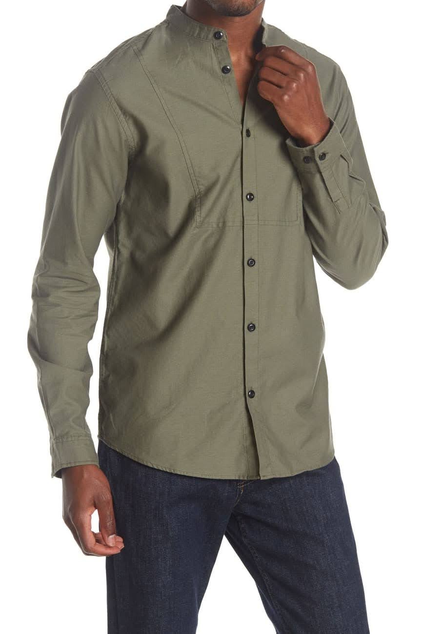 NORDSTROM RACK, Selected Homme Mandarin Olive Green Button up Shirt, Green, Medium-42-TagM