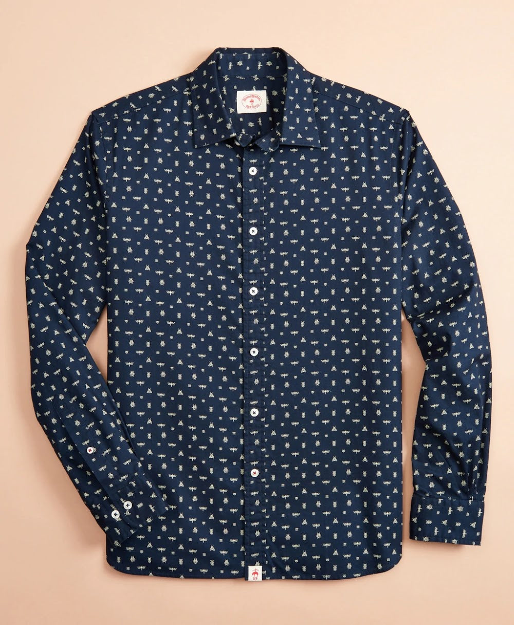 Brooks Brothers, Brooks Brother Navy Insect Brint Button Up Shirt, Blue, Medium-42-TagM