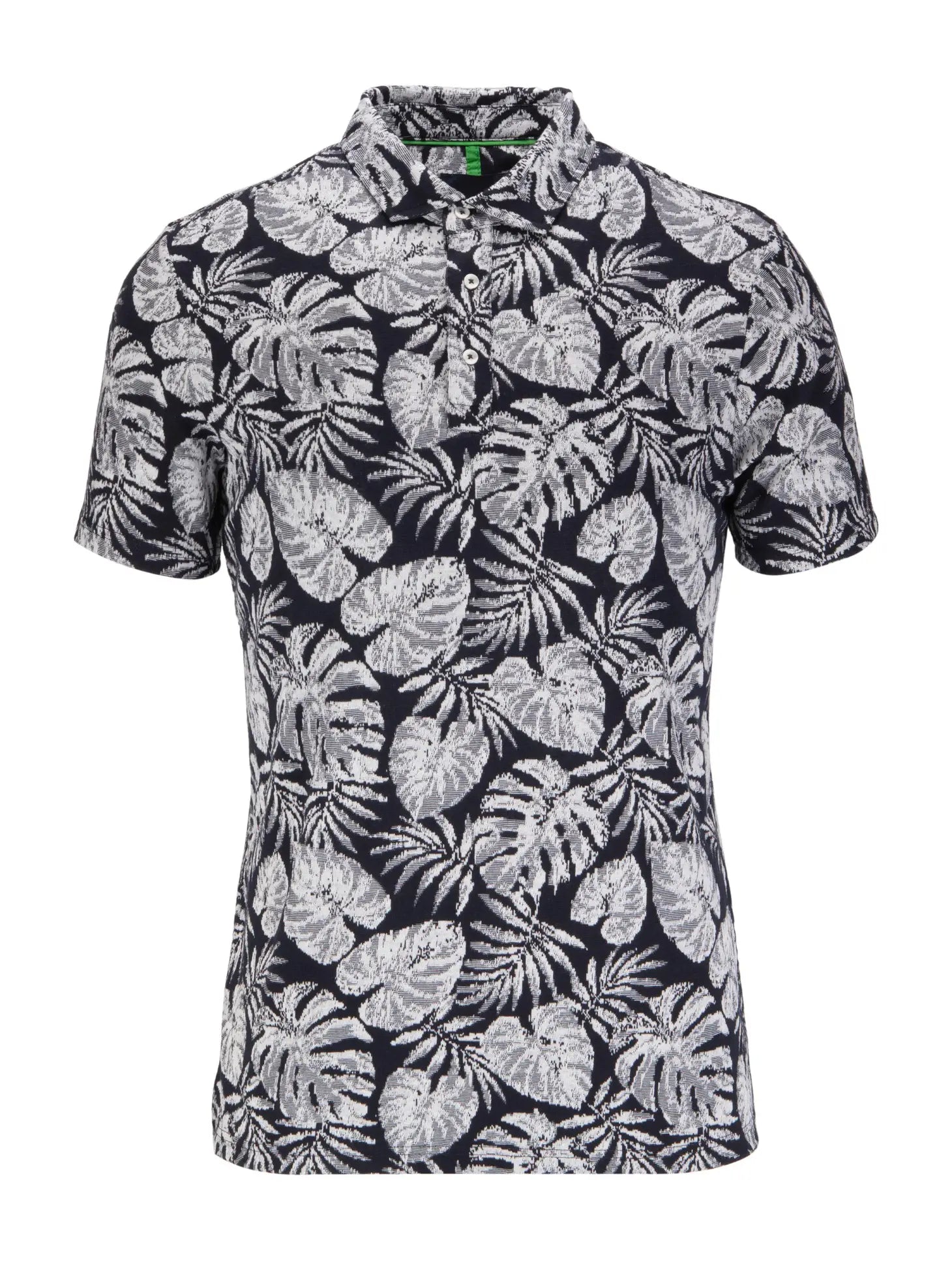 Faire,Guide London, Guide London Navy Tropical Leaf Print Jacquard Short Sleeve Polo, Blue, Extra Large-46-TagXXXL