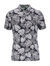 Guide London Navy Tropical Leaf Print Jacquard Short Sleeve Polo