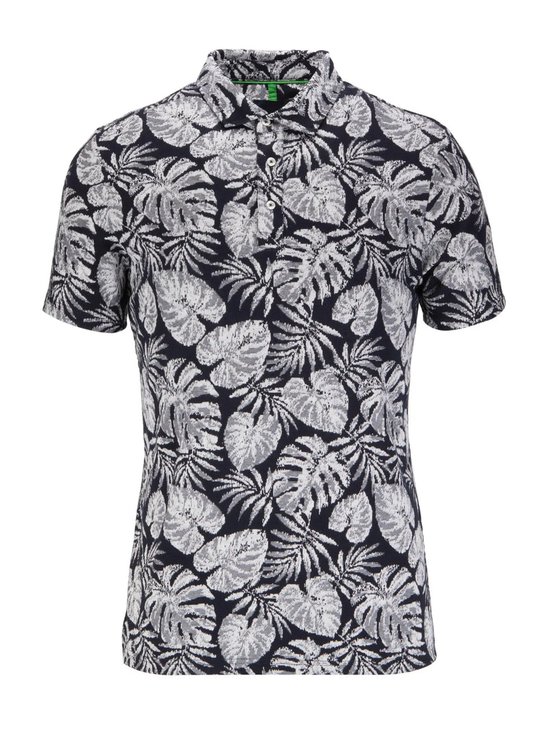 Guide London Navy Tropical Leaf Print Jacquard Short Sleeve Polo