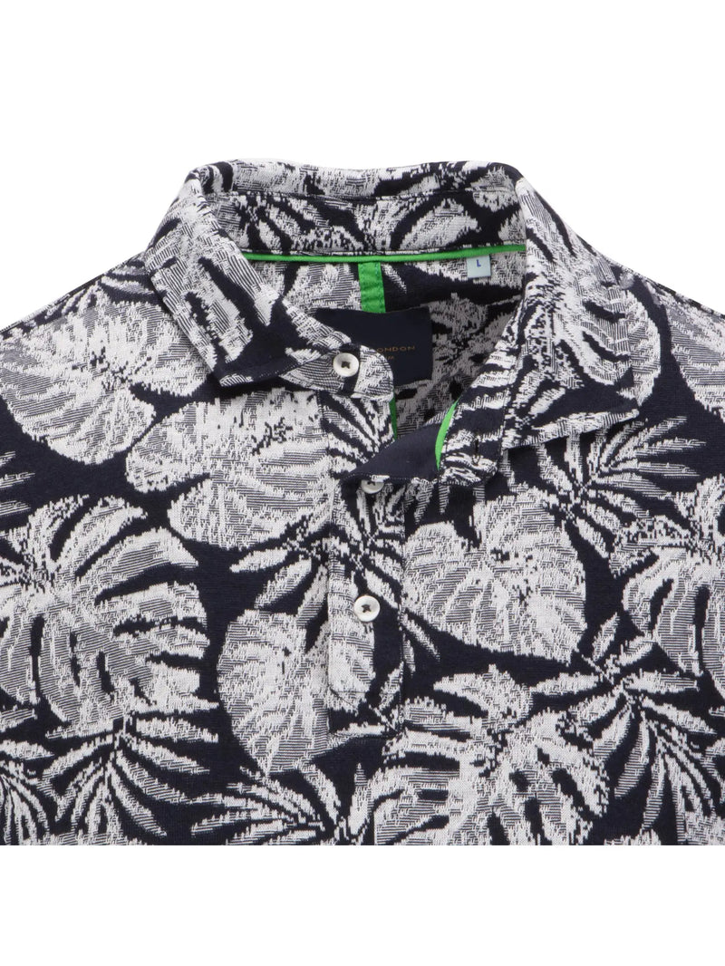 Guide London Navy Tropical Leaf Print Jacquard Short Sleeve Polo