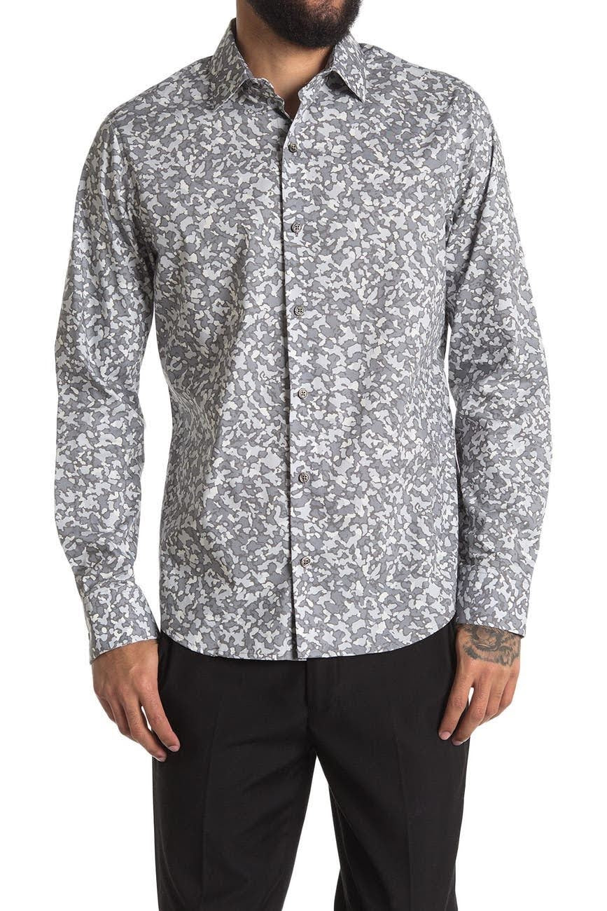Nordstrom Rack,DKNY, DKNY Grey Abstract Camo Print Button Up Shirt, Grey, Medium-44-TagMSmall-40-TagS