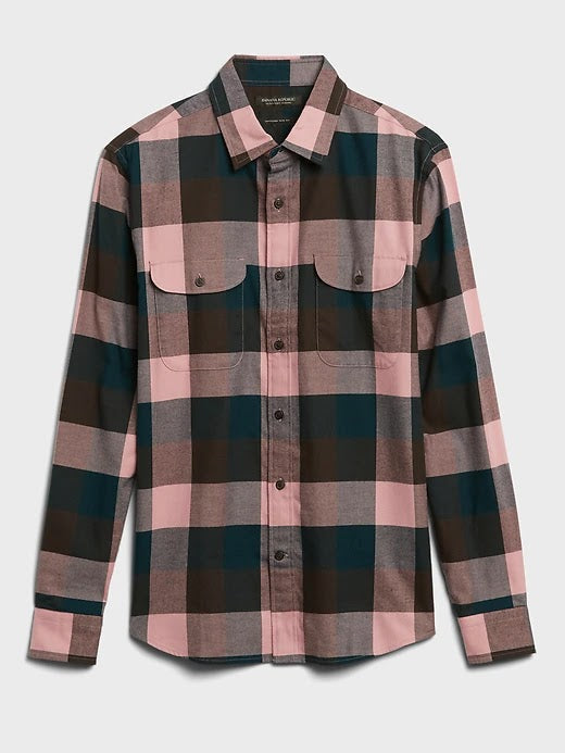 Banana Republic,Banana Republic, Banana Republic Pink & Navy Buffalo Check Flannel Long Sleeve Button Up Shirt, Pink, Medium-42-TagM