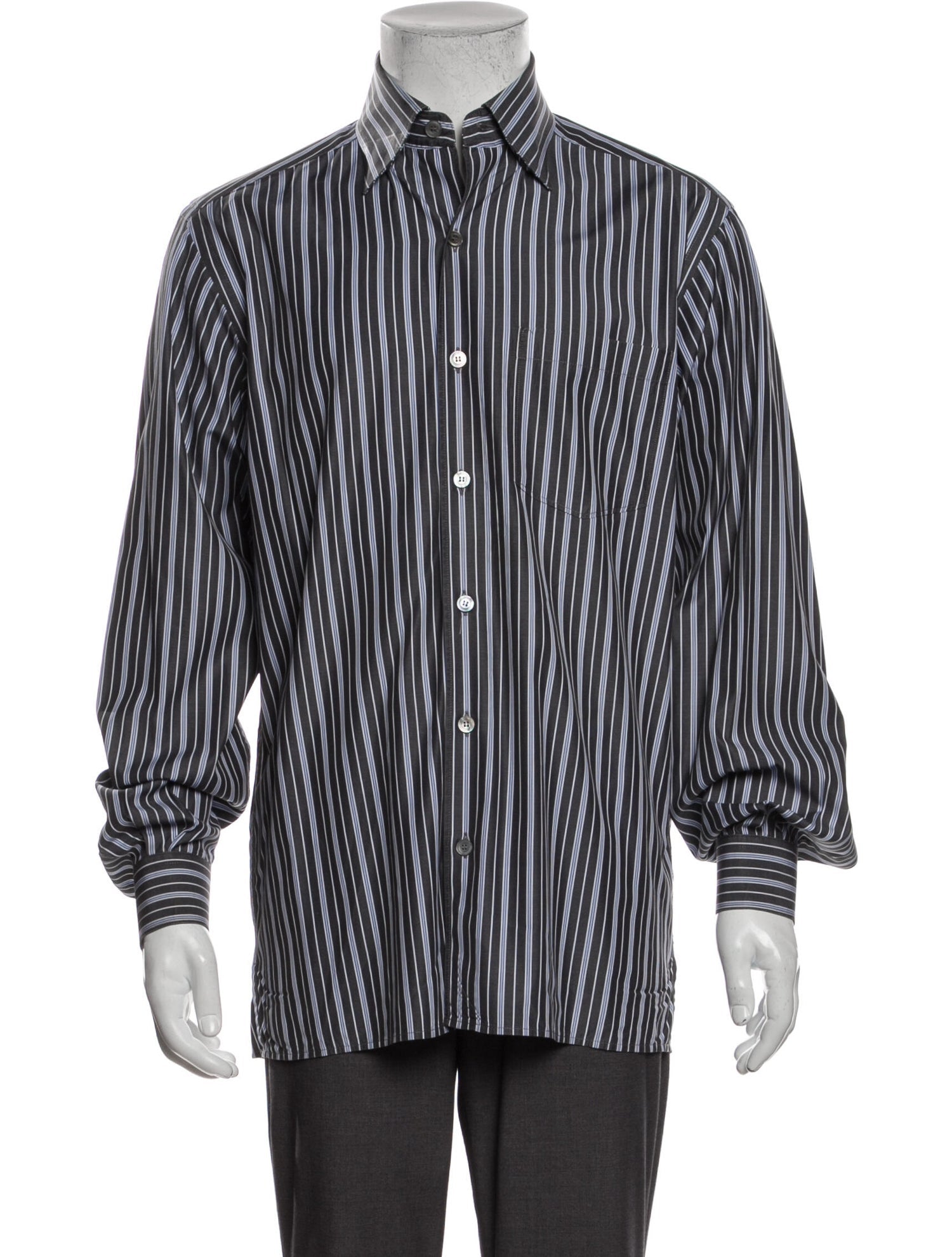 The RealReal,Ermenegildo Zegna, Ermenegildo Zegna Dark Grey & Light Blue Striped Dress Shirt, Grey, Medium-45-TagM